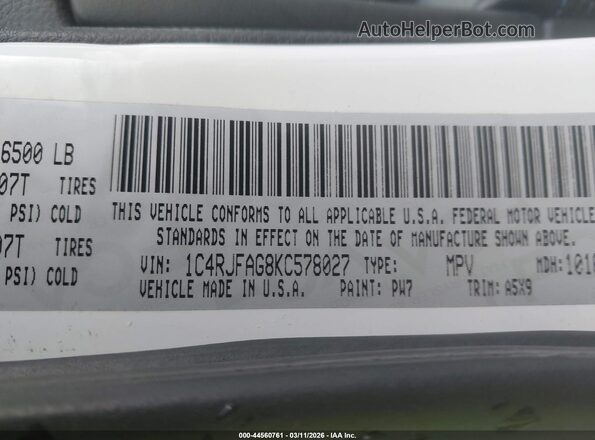 1C4RJFAG8KC578027 2019 JEEP GRAND CHEROKEE White 
