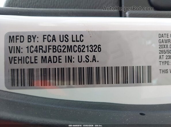 1C4RJFBG2MC621326 2021 JEEP GRAND CHEROKEE White ძრავის განყოფილების ხედი