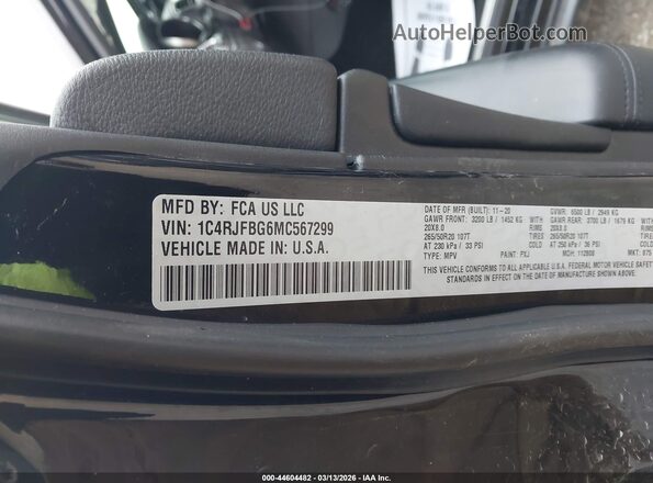 1C4RJFBG6MC567299 2021 JEEP GRAND CHEROKEE Black Շարժիչի բաժամունքի տեսք