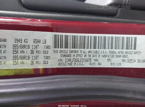 1C4RJFBG8JC216079 2018 JEEP GRAND CHEROKEE Red Շարժիչի բաժամունքի տեսք