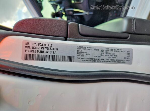 1C4RJFCT7MC670999 2021 JEEP GRAND White VIN sticker view