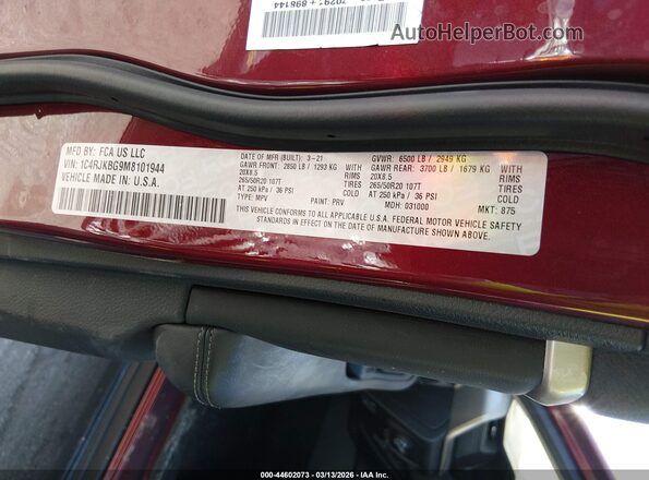 1C4RJKBG9M8101944 2021 JEEP GRAND CHEROKEE L Бордовый Вид подкапотного пространства