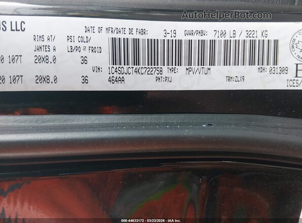 1C4SDJCT4KC722758 2019 DODGE DURANGO Black Вид підкапотного простору
