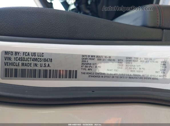 1C4SDJCT4MC518478 2021 DODGE DURANGO White ძრავის განყოფილების ხედი