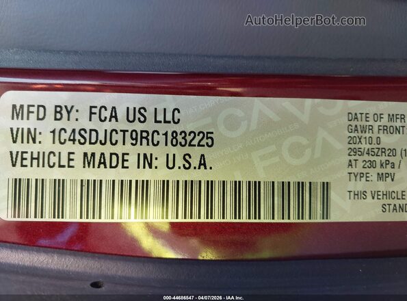 1C4SDJCT9RC183225 2024 DODGE DURANGO Burgundy Engine compartment view