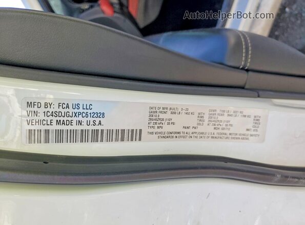 1C4SDJGJXPC612328 2023 DODGE DURANGO White Вид наклейки з VIN-кодом