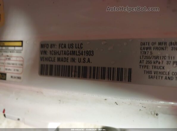 1C6HJTAG4ML541903 2021 JEEP GLADIATOR White Widok naklejki z numerem VIN