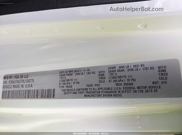 1C6HJTAG7RL134276 2024 JEEP GLADIATOR Белый Вид подкапотного пространства