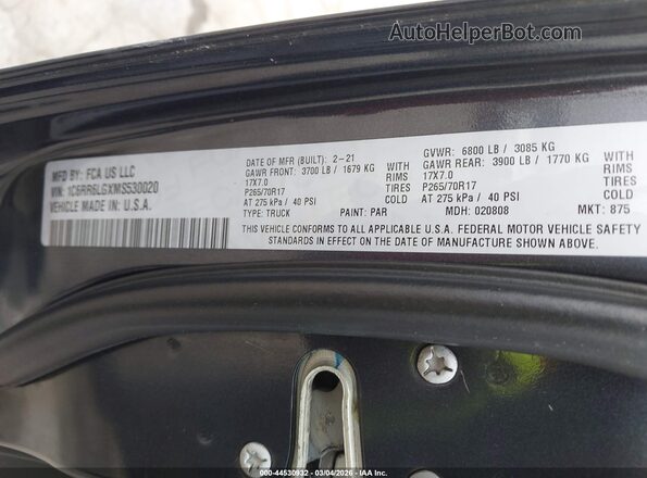 1C6RR6LGXMS530020 2021 RAM 1500 CLASSIC Серый Вид подкапотного пространства
