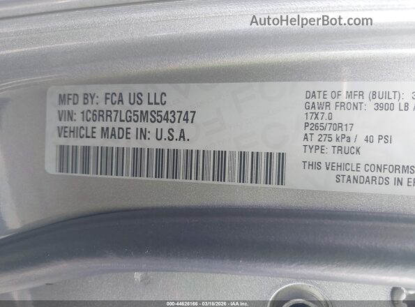 1C6RR7LG5MS543747 2021 RAM 1500 CLASSIC Silver Engine compartment view