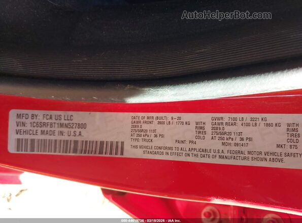 1C6SRFBT1MN527800 2021 RAM 1500 Red Engine compartment view