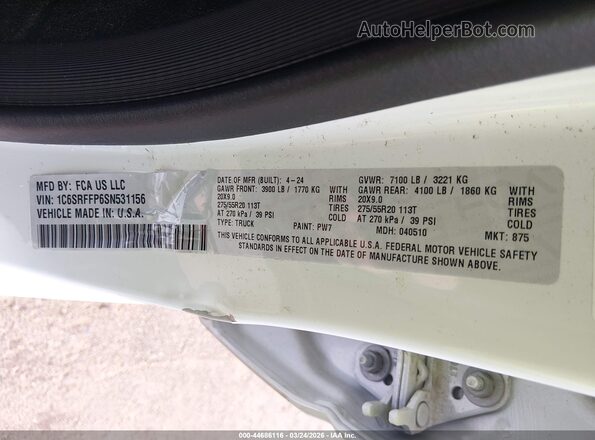1C6SRFFP6SN531156 2025 RAM 1500 Белый Вид подкапотного пространства
