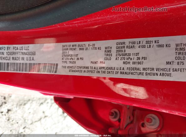 1C6SRFFT7NN430368 2022 RAM 1500 Red Engine compartment view