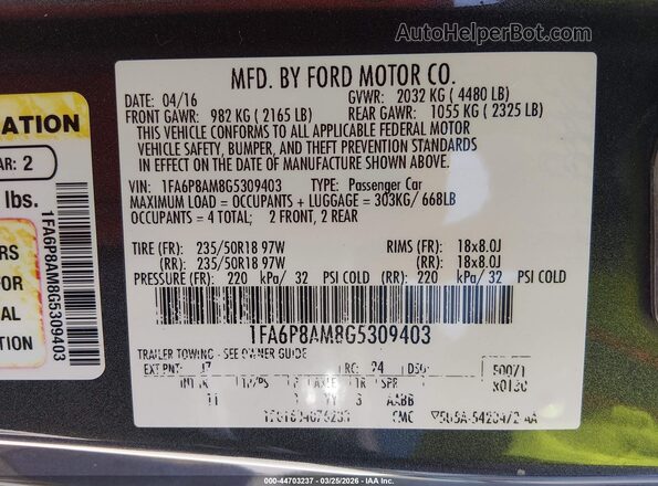 1FA6P8AM8G5309403 2016 FORD MUSTANG Gray Engine compartment view