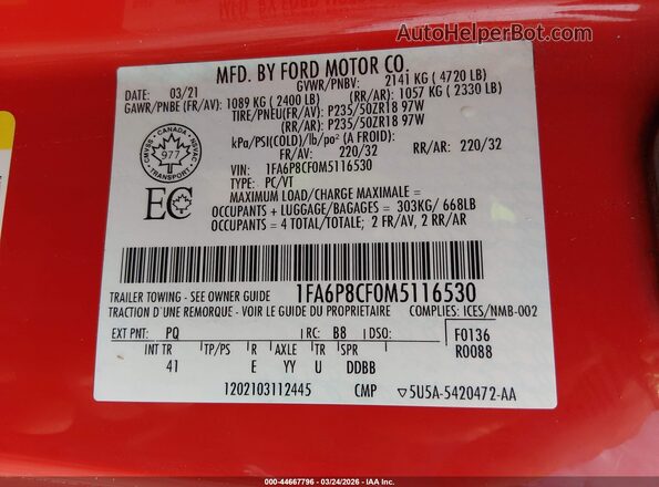 1FA6P8CF0M5116530 2021 FORD MUSTANG Red Շարժիչի բաժամունքի տեսք