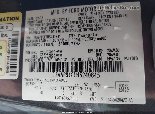 1FA6P8CF1H5240845 2017 FORD MUSTANG Gray Vista del compartimento del motor