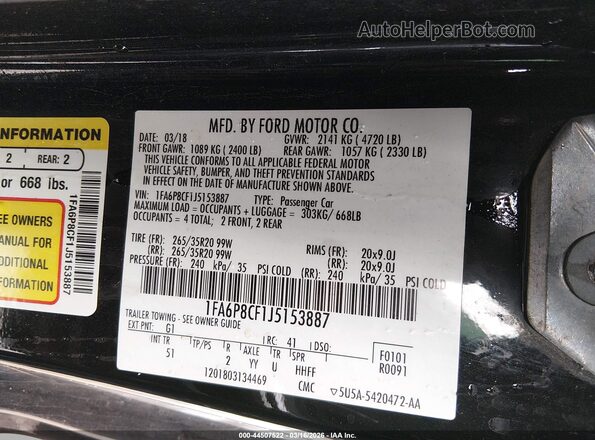 1FA6P8CF1J5153887 2018 FORD MUSTANG Black Vista del compartimento del motor