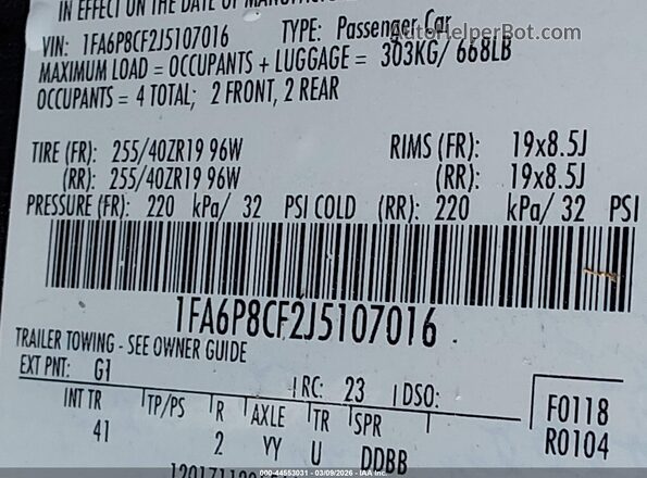 1FA6P8CF2J5107016 2018 FORD MUSTANG Черный Вид подкапотного пространства