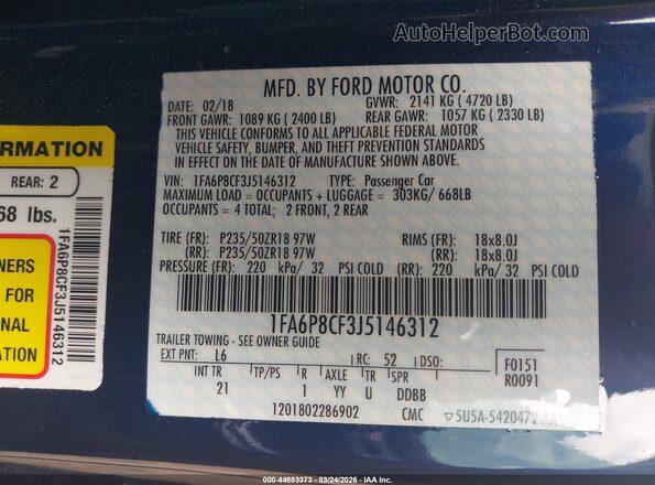 1FA6P8CF3J5146312 2018 FORD MUSTANG Blue Вид підкапотного простору