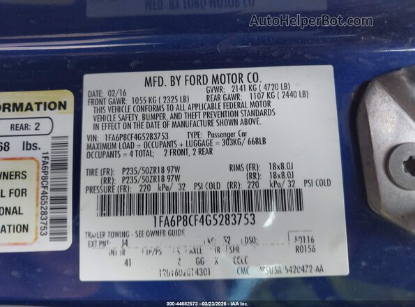 1FA6P8CF4G5283753 2016 FORD MUSTANG Blue Вид підкапотного простору