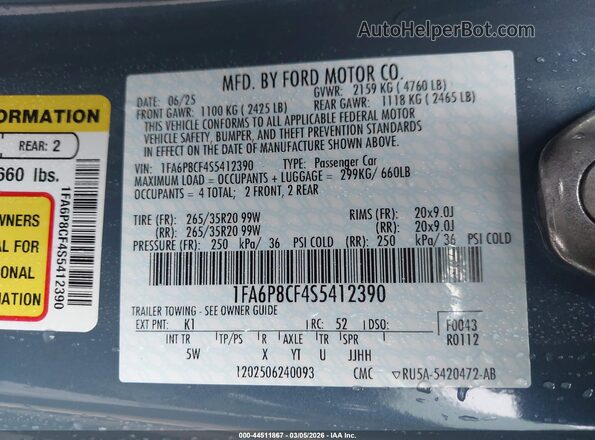 1FA6P8CF4S5412390 2025 FORD MUSTANG Blue Engine compartment view