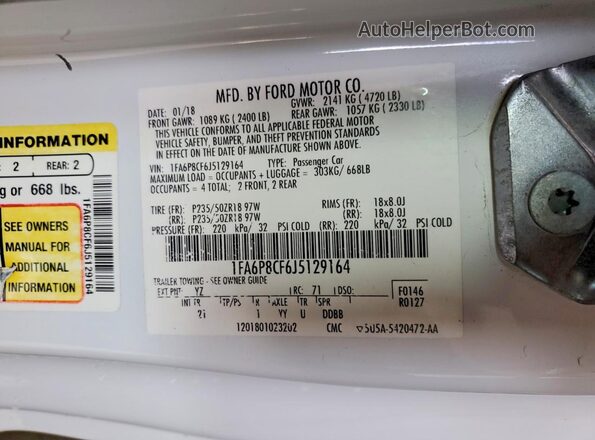 1FA6P8CF6J5129164 2018 FORD MUSTANG White Engine compartment view