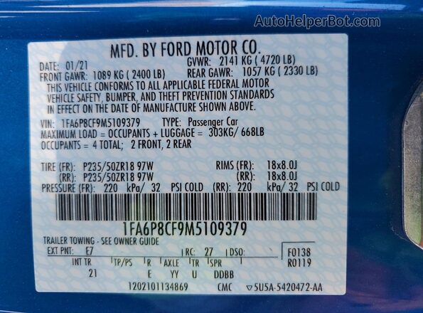1FA6P8CF9M5109379 2021 FORD MUSTANG Синий 