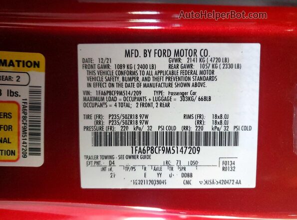 1FA6P8CF9M5147209 2021 FORD MUSTANG Red Շարժիչի բաժամունքի տեսք