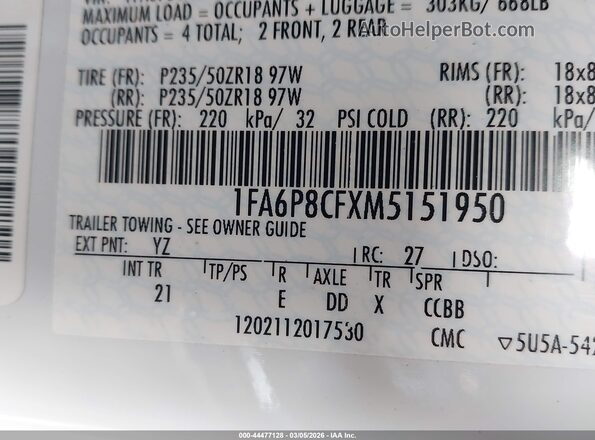 1FA6P8CFXM5151950 2021 FORD MUSTANG White 