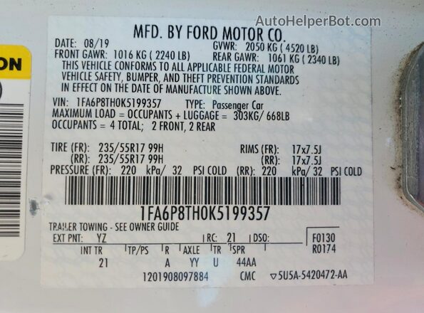 1FA6P8TH0K5199357 2019 FORD MUSTANG White 