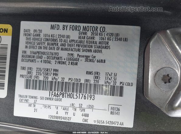 1FA6P8TH0L5176193 2020 FORD MUSTANG Gray Շարժիչի բաժամունքի տեսք