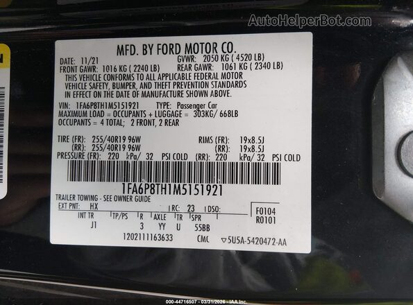 1FA6P8TH1M5151921 2021 FORD MUSTANG Черный Вид подкапотного пространства