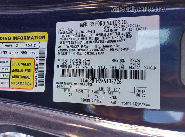 1FA6P8TH2K5139726 2019 FORD MUSTANG Blue 