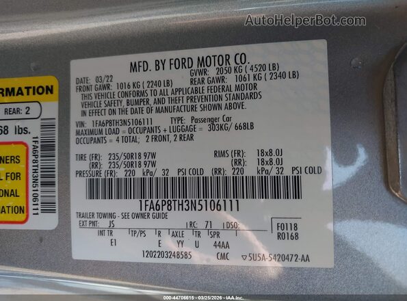 1FA6P8TH3N5106111 2022 FORD MUSTANG Silver Vista del compartimento del motor