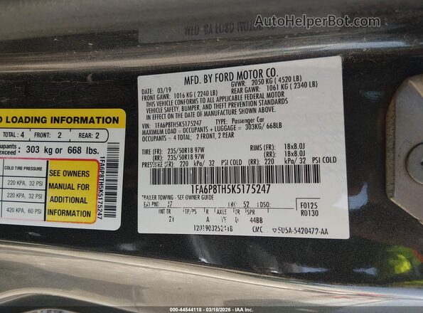 1FA6P8TH5K5175247 2019 FORD MUSTANG Black 