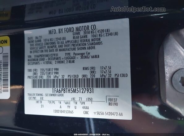 1FA6P8TH5M5127931 2021 FORD MUSTANG Black Widok komory silnika