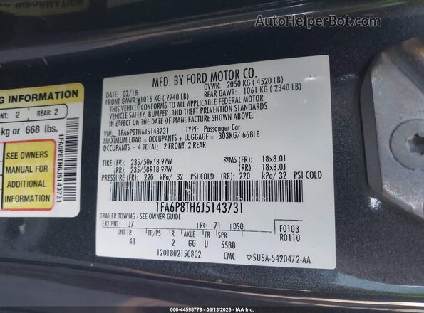 1FA6P8TH6J5143731 2018 FORD MUSTANG Серый Вид подкапотного пространства