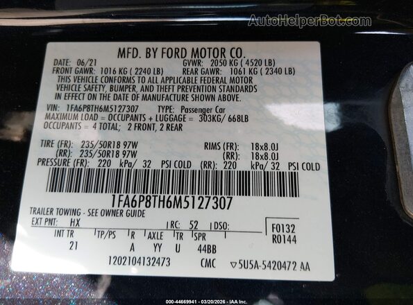 1FA6P8TH6M5127307 2021 FORD MUSTANG Black Widok komory silnika