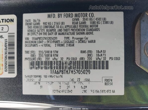 1FA6P8TH7H5205020 2017 FORD MUSTANG Gray Widok komory silnika