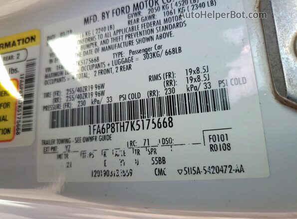 1FA6P8TH7K5175668 2019 FORD MUSTANG White 