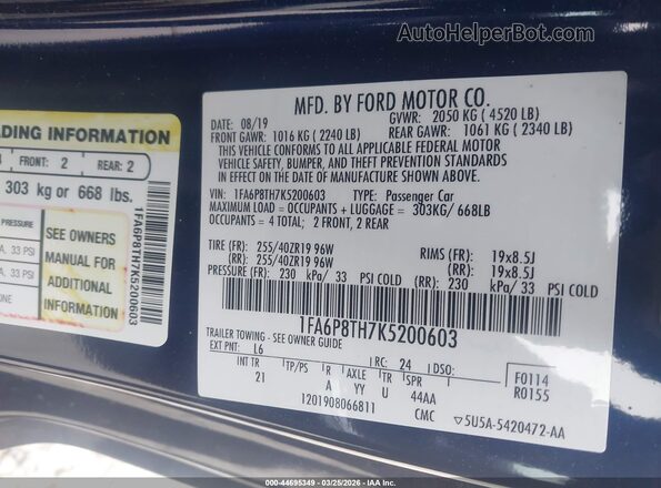 1FA6P8TH7K5200603 2019 FORD MUSTANG Синий Вид подкапотного пространства