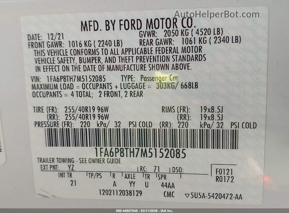 1FA6P8TH7M5152085 2021 FORD MUSTANG White Շարժիչի բաժամունքի տեսք