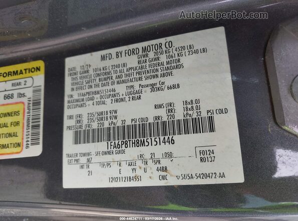 1FA6P8TH8M5151446 2021 FORD MUSTANG Black Շարժիչի բաժամունքի տեսք