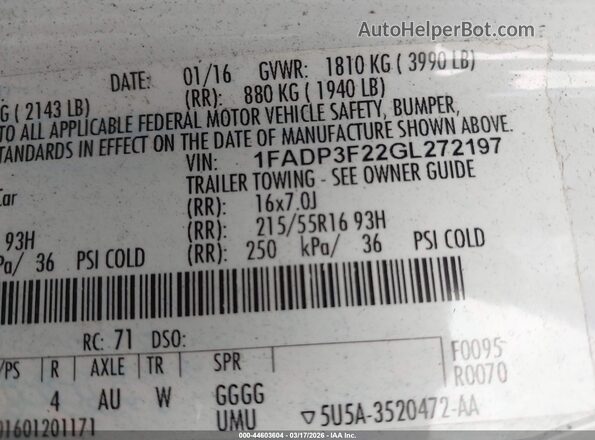 1FADP3F22GL272197 2016 FORD FOCUS White 