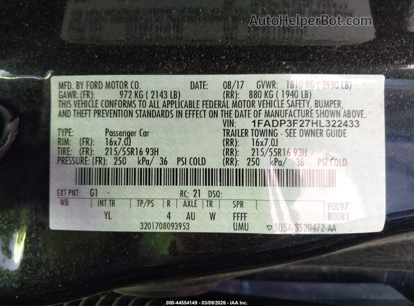 1FADP3F27HL322433 2017 FORD FOCUS Black Engine compartment view