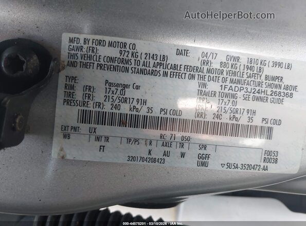 1FADP3J24HL268368 2017 FORD FOCUS Silver Widok komory silnika
