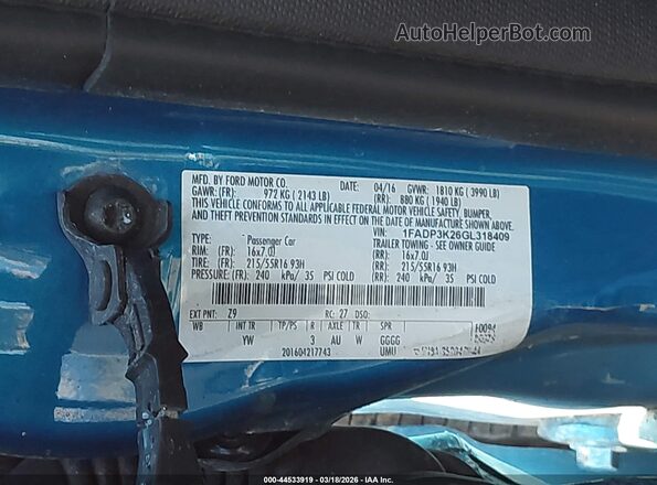 1FADP3K26GL318409 2016 FORD FOCUS Blue Вид підкапотного простору
