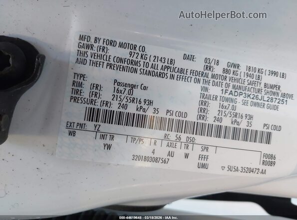 1FADP3K26JL287251 2018 FORD FOCUS White ძრავის განყოფილების ხედი