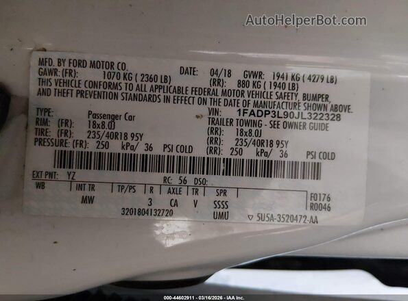 1FADP3L90JL322328 2018 FORD FOCUS ST White ძრავის განყოფილების ხედი