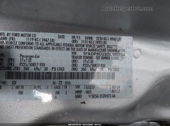 1FADP5CU2GL100754 2016 FORD C-MAX ENERGI Silver ძრავის განყოფილების ხედი